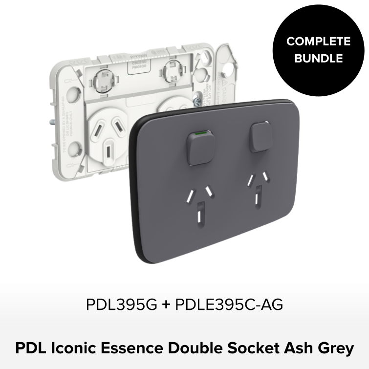 Bundle - PDL Iconic Essence, 2 switch & 2 socket, Horizontal, 10 A + Skin - Ash Grey